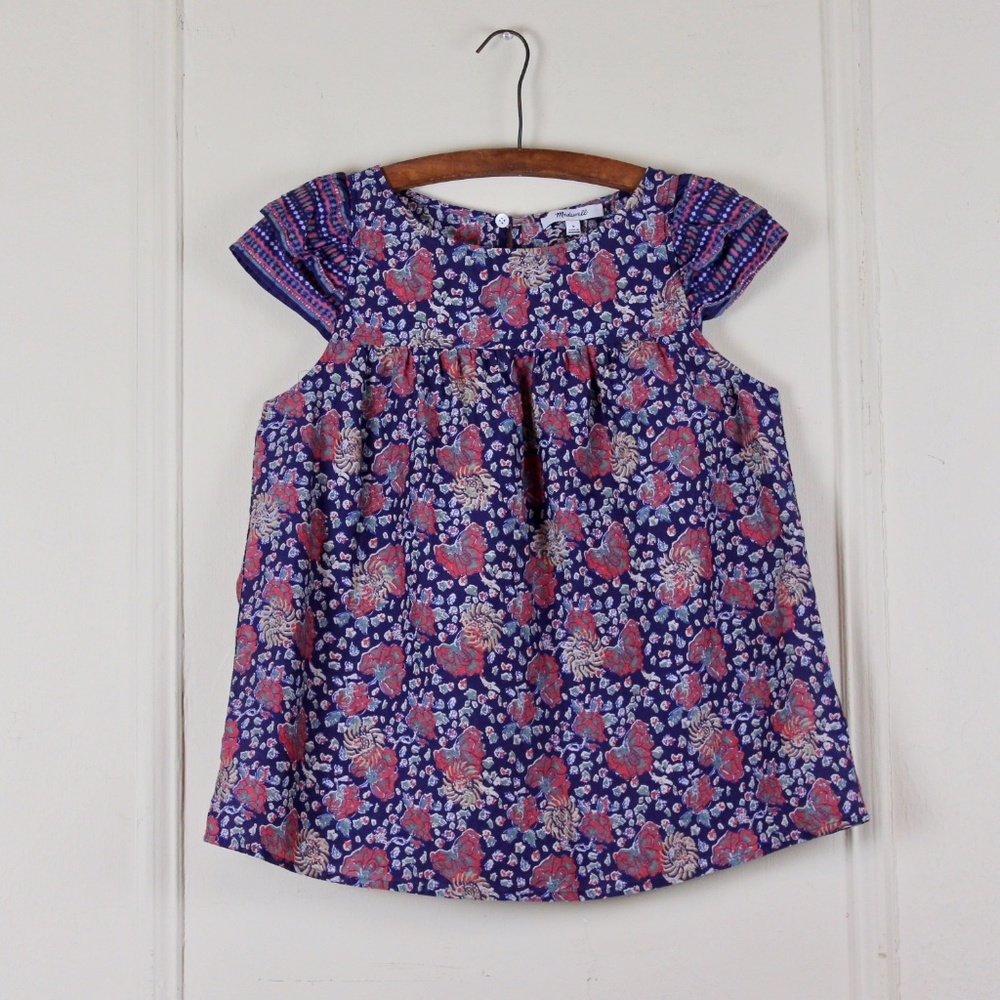 Madewell Blue Floral Blouse with cropped Flutter Sleeves size XS - Picture 1 of 7